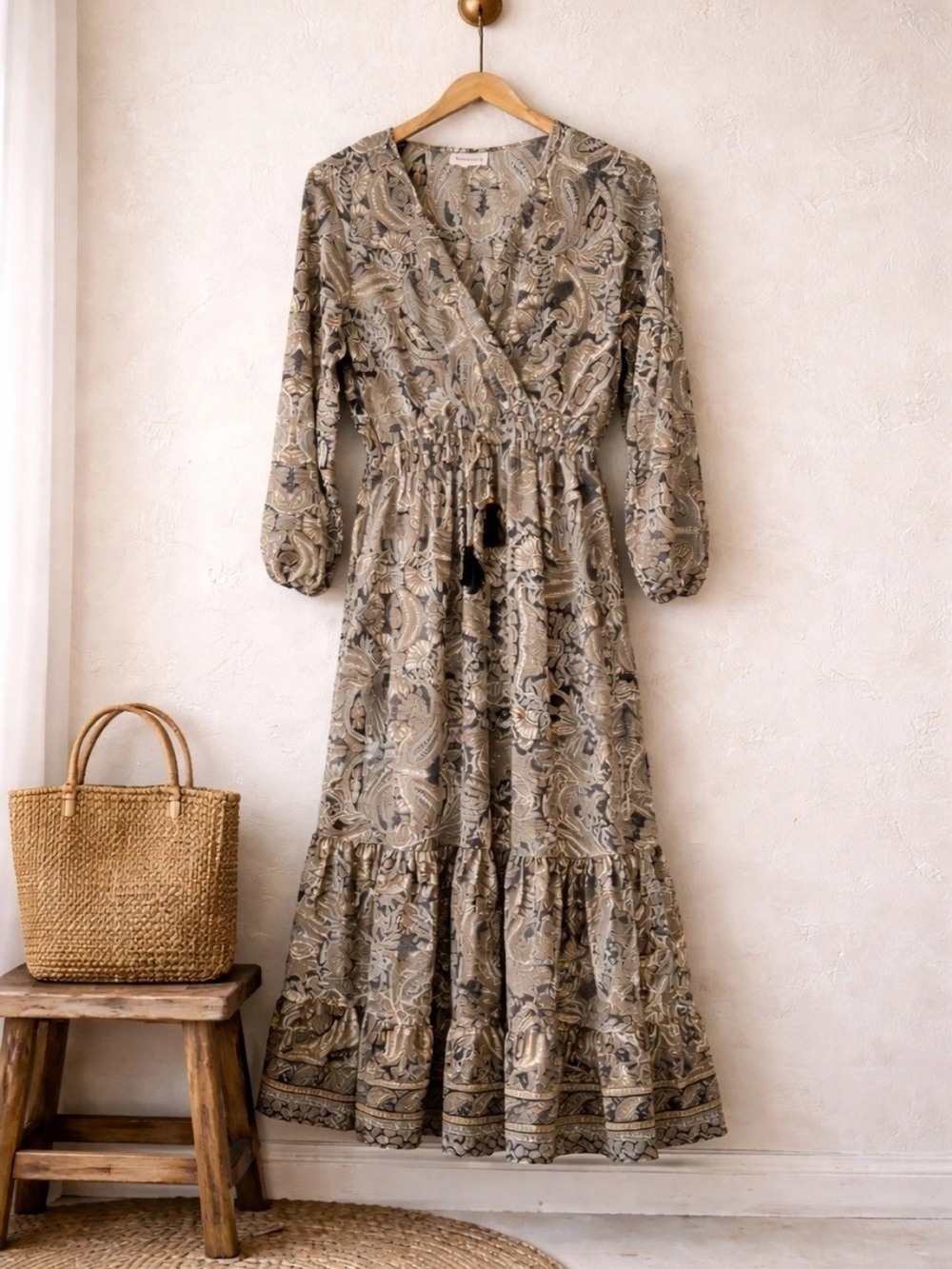 Boho Boemo Paisley Wrap Maxi Dress in Taupe medium Anthropologie - Picture 1 of 5